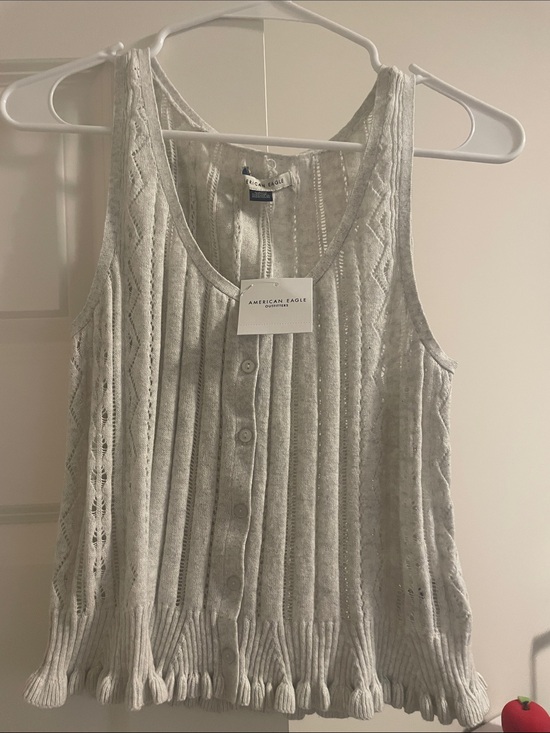 American Eagle Outfitters Tops - American Eagle Outfitters grey Cable-Knit Button Tank with Fringe